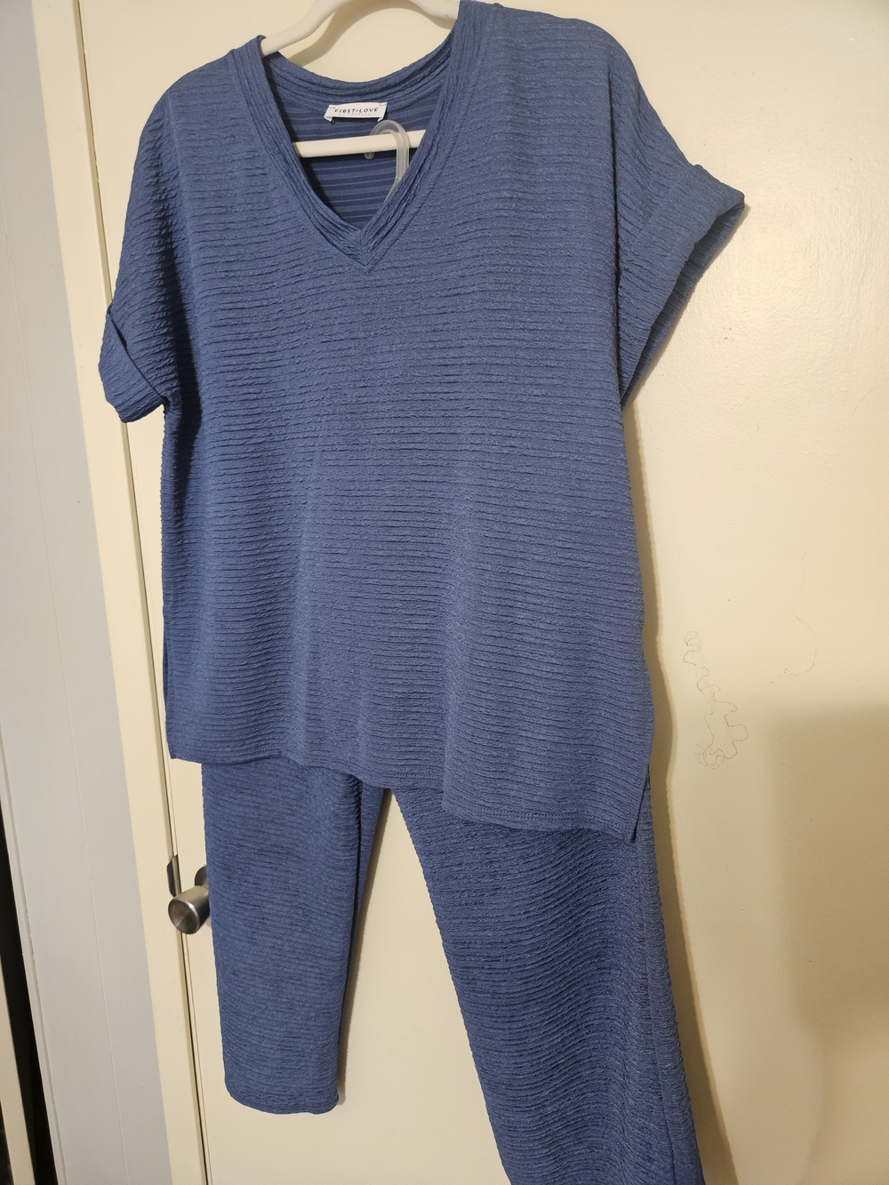 First Love Textured V-Neck Two-Piece Set in Blue